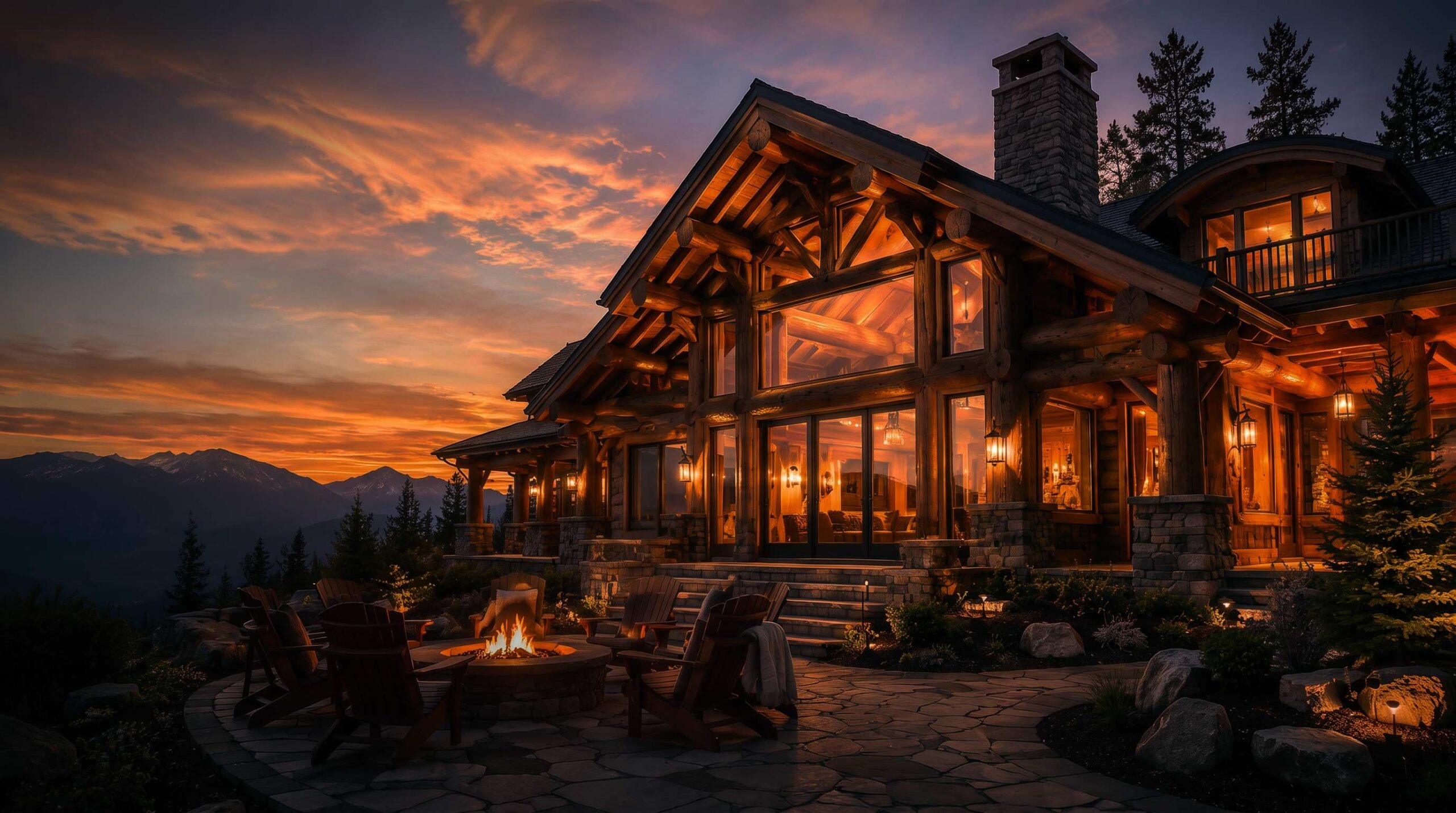 handcrafted-log-home-at-dusk-with-interior-lights-on-and-campfire-burning